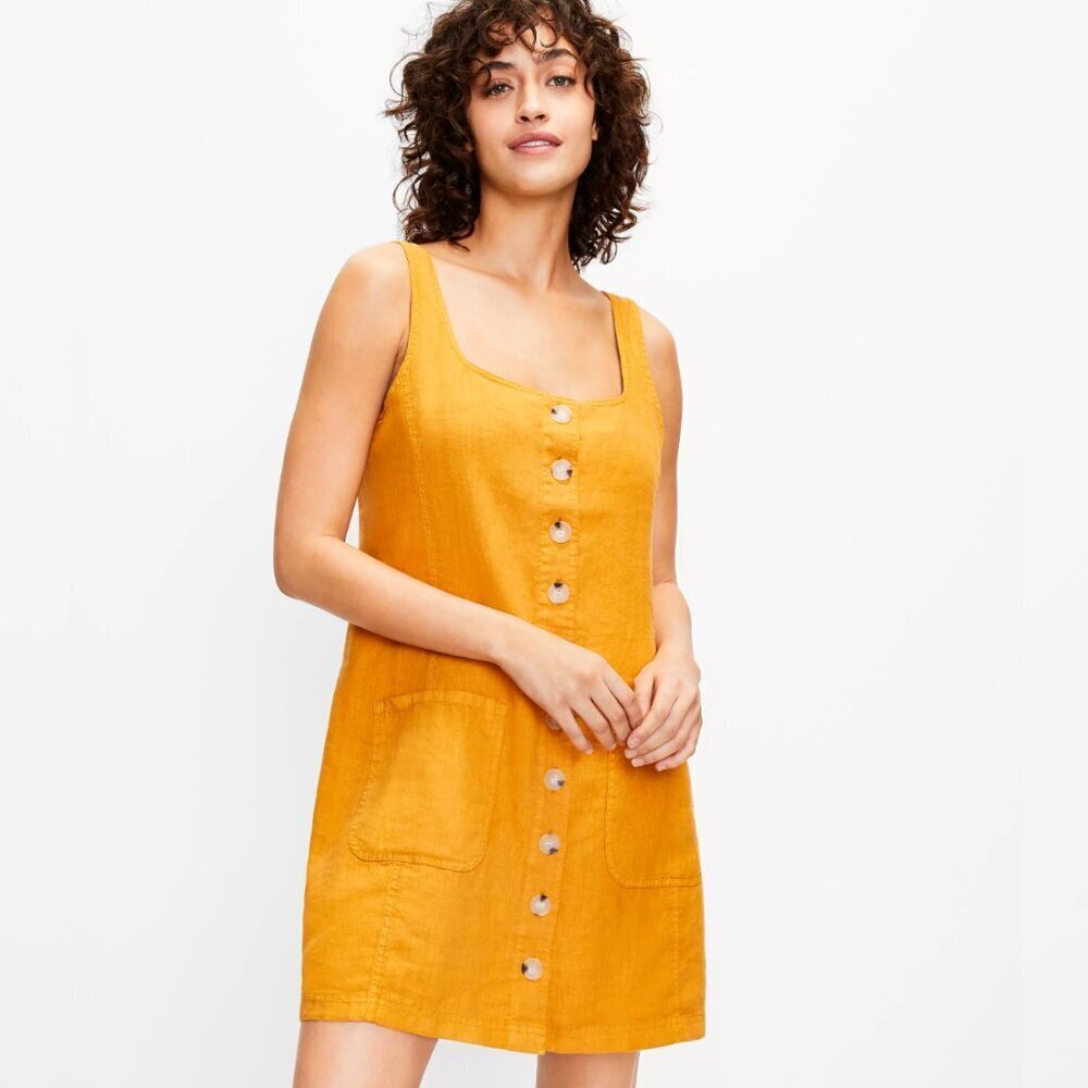 Lou & Grey Linen Button Up Pocket Sleeveless Shirt Dress in Golden Maple, size M